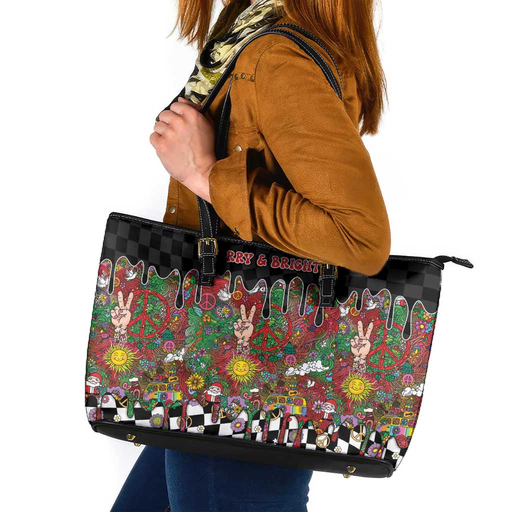 Hippie Christmas Leather Tote Bag Doodle Style - Wonder Print Shop
