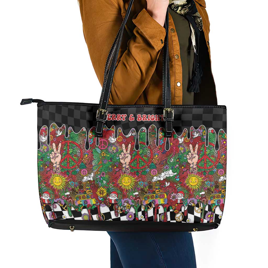 Hippie Christmas Leather Tote Bag Doodle Style - Wonder Print Shop