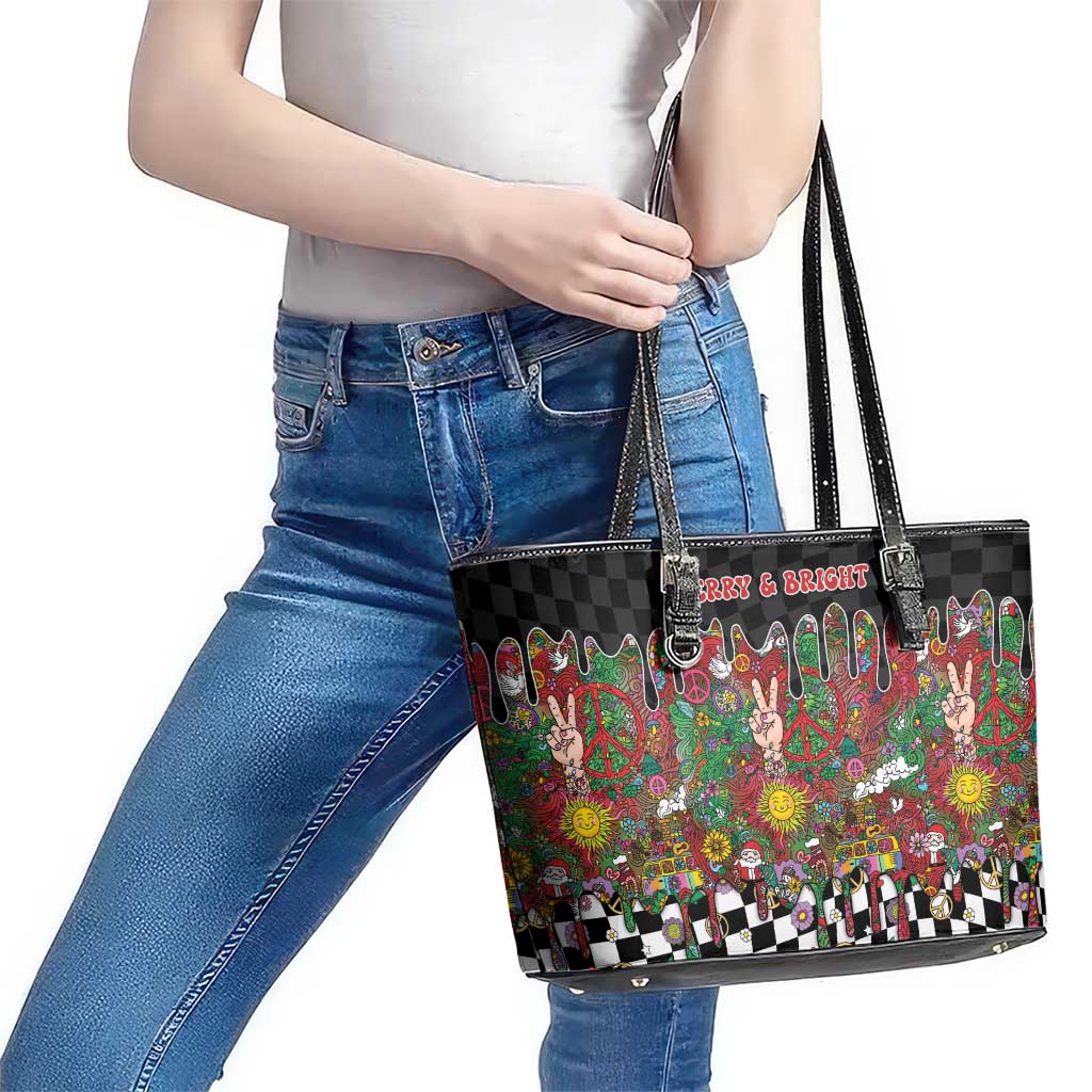 Hippie Christmas Leather Tote Bag Doodle Style - Wonder Print Shop