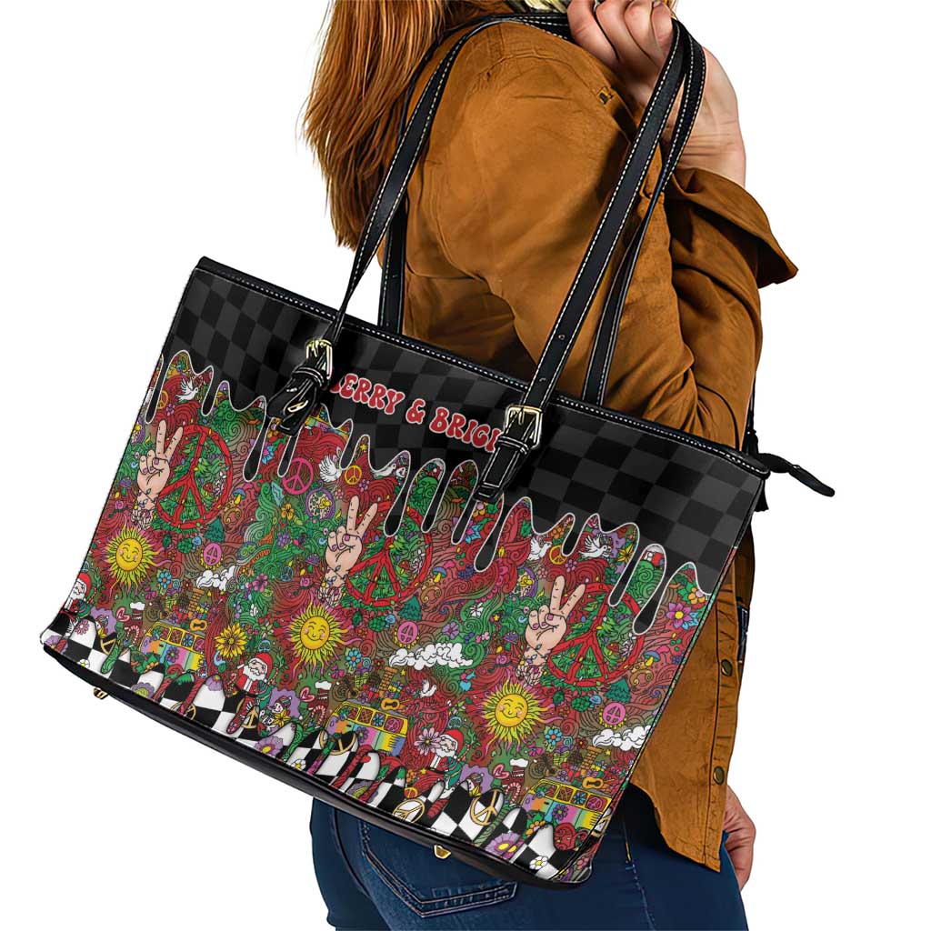 Hippie Christmas Leather Tote Bag Doodle Style - Wonder Print Shop