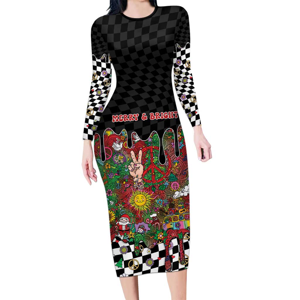 Hippie Christmas Long Sleeve Bodycon Dress Doodle Style - Wonder Print Shop