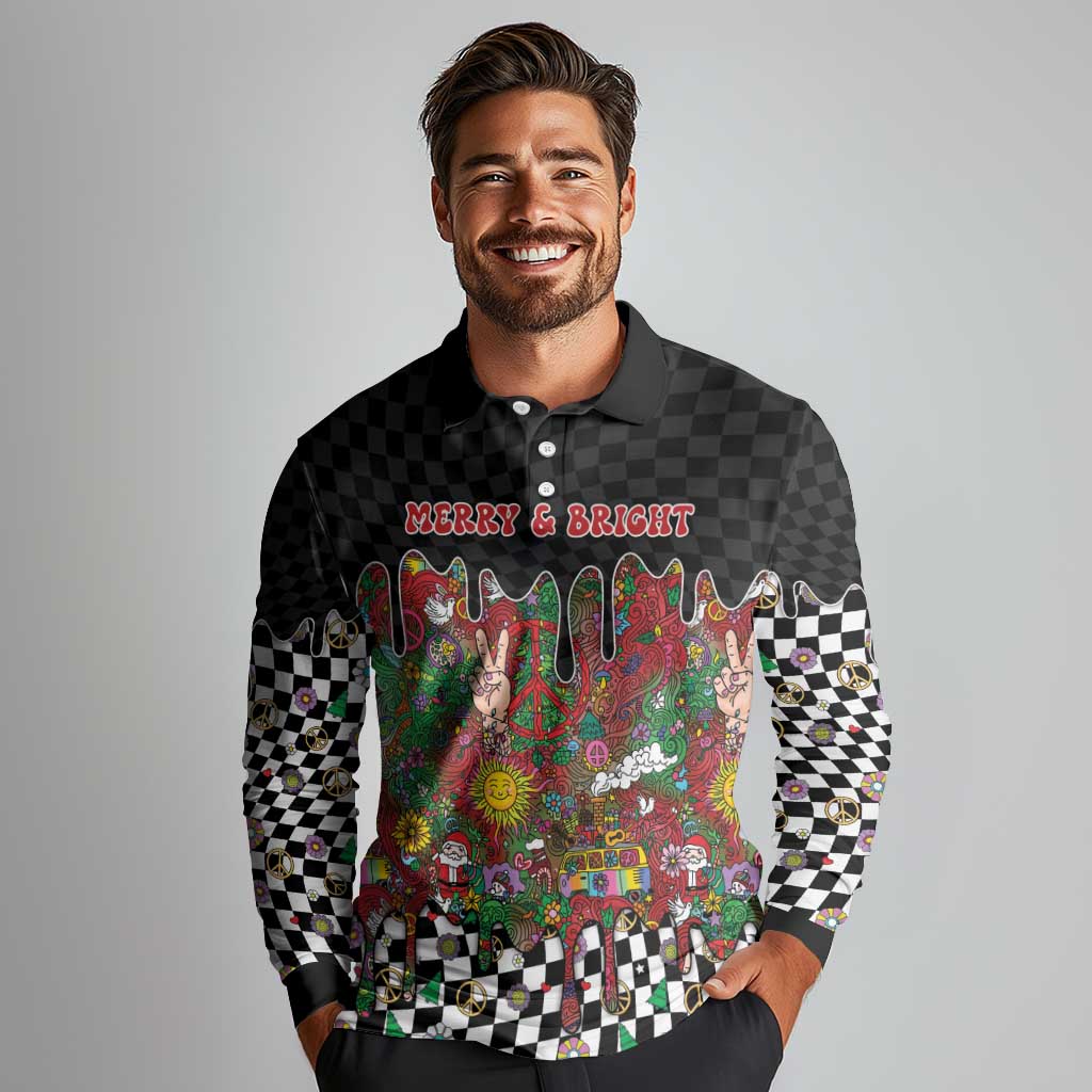 Hippie Christmas Long Sleeve Polo Shirt Doodle Style - Wonder Print Shop