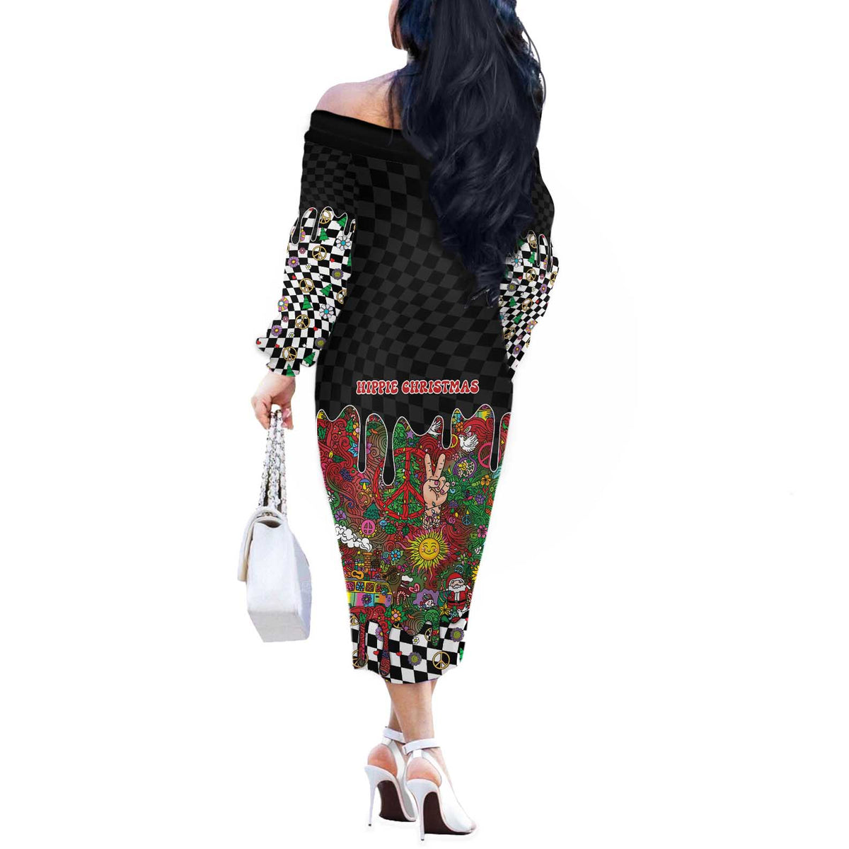 Hippie Christmas Off The Shoulder Long Sleeve Dress Doodle Style - Wonder Print Shop