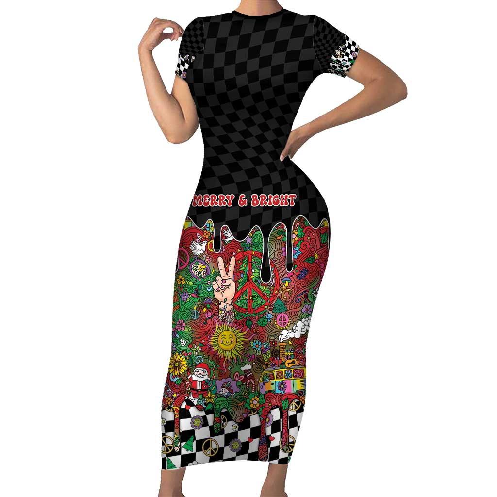 Hippie Christmas Short Sleeve Bodycon Dress Doodle Style - Wonder Print Shop