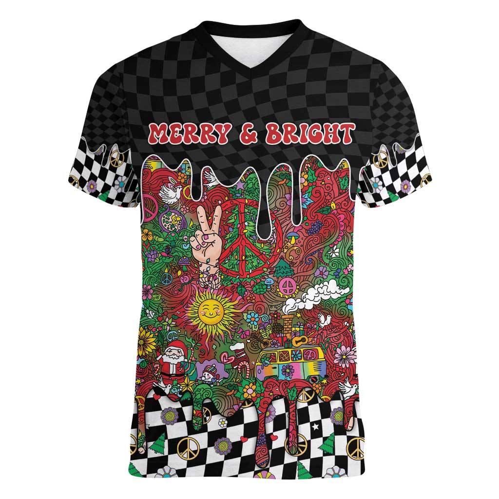 Hippie Christmas Women V-Neck T-Shirt Doodle Style - Wonder Print Shop