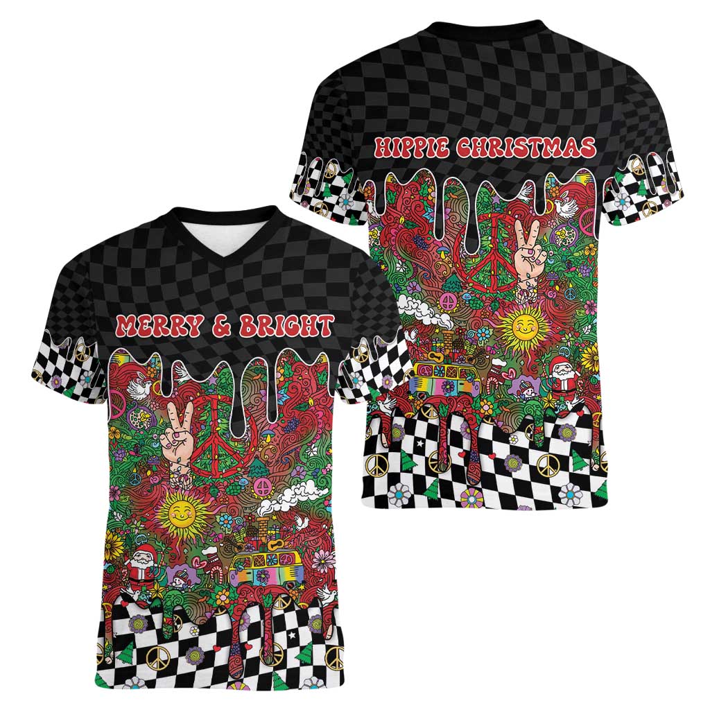 Hippie Christmas Women V-Neck T-Shirt Doodle Style - Wonder Print Shop