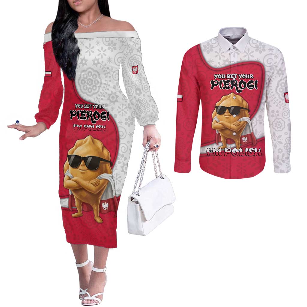 Personalized Poland Couples Matching Off The Shoulder Long Sleeve Dress and Long Sleeve Button Shirt The Cool Pierogi Funny Style