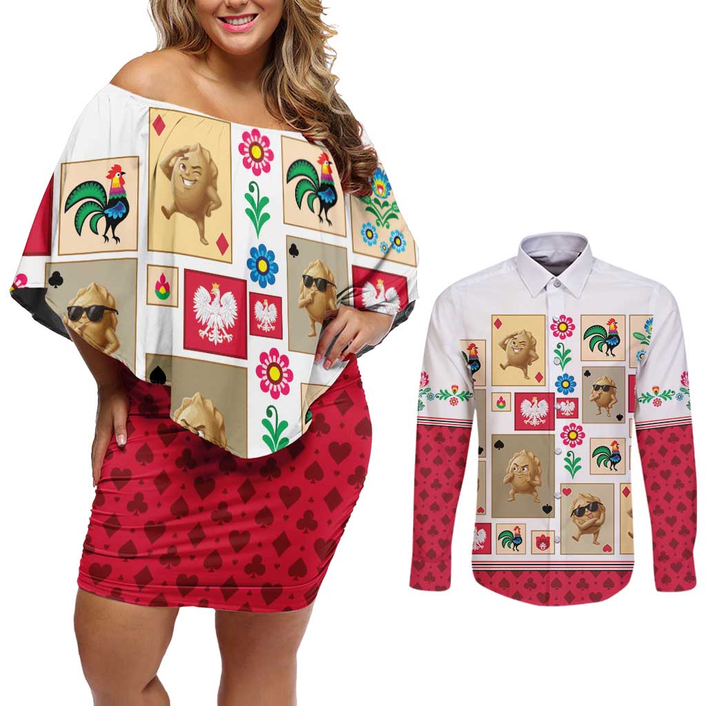 Poland Couples Matching Off Shoulder Short Dress and Long Sleeve Button Shirt Pierogi Tysiac 1000