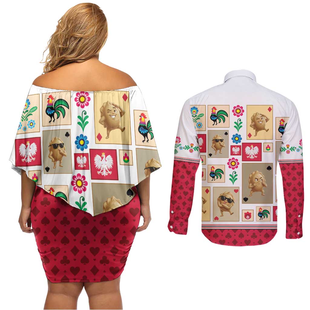 Poland Couples Matching Off Shoulder Short Dress and Long Sleeve Button Shirt Pierogi Tysiac 1000