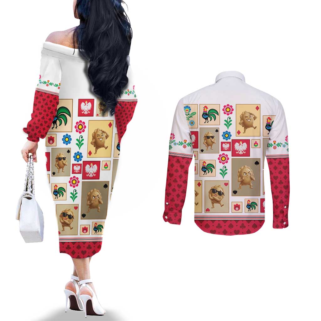 Poland Couples Matching Off The Shoulder Long Sleeve Dress and Long Sleeve Button Shirt Pierogi Tysiac 1000