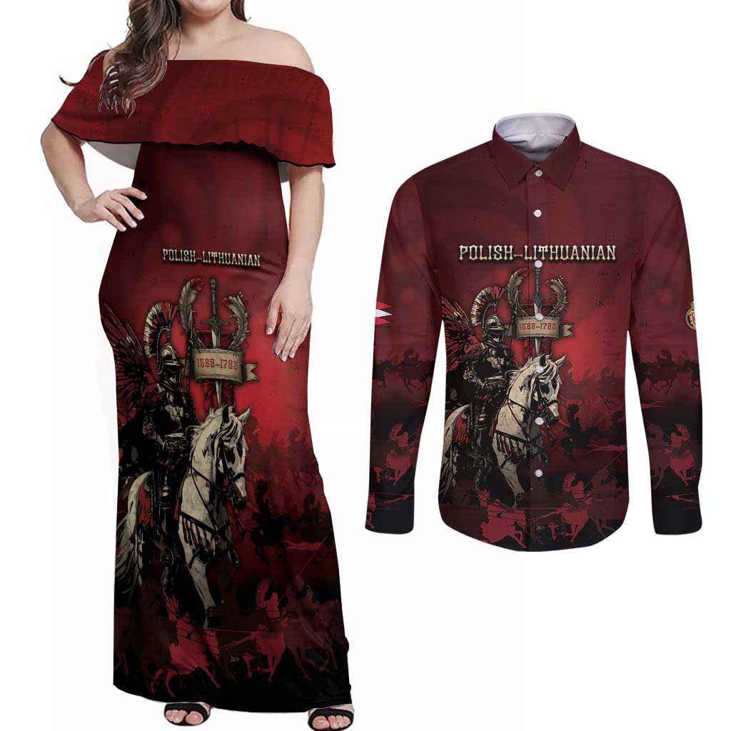Polish Lithuanian Commonwealth Couples Matching Off Shoulder Maxi Dress and Long Sleeve Button Shirt Winged Hussar Warrior Battle Of Vienna