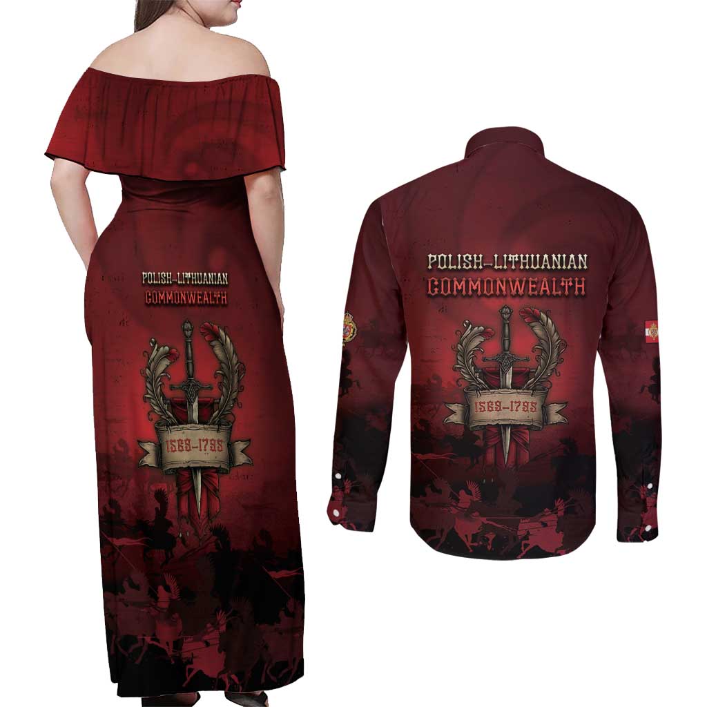 Polish Lithuanian Commonwealth Couples Matching Off Shoulder Maxi Dress and Long Sleeve Button Shirt Winged Hussar Warrior Battle Of Vienna