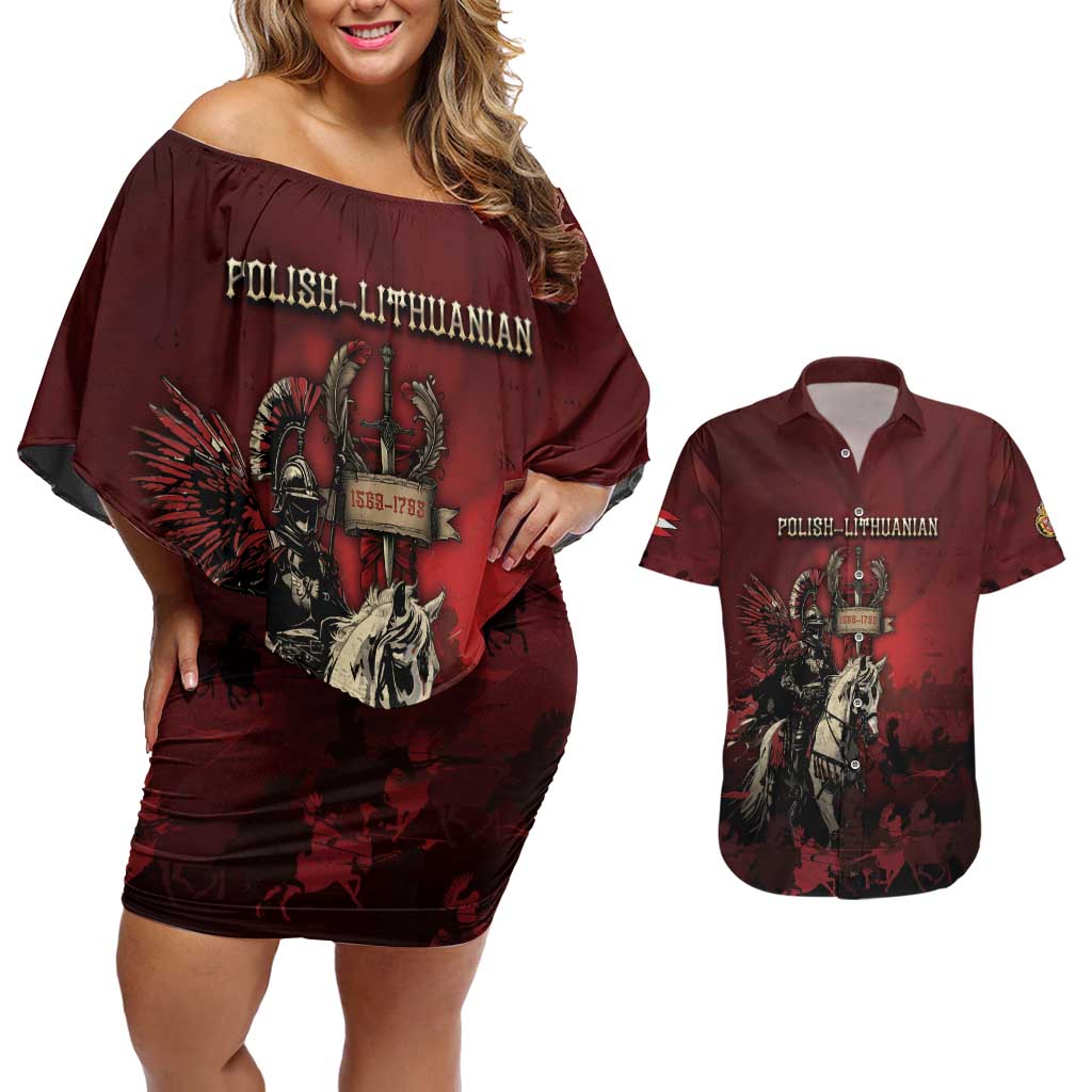 Polish Lithuanian Commonwealth Couples Matching Off Shoulder Short Dress and Hawaiian Shirt Winged Hussar Warrior Battle Of Vienna