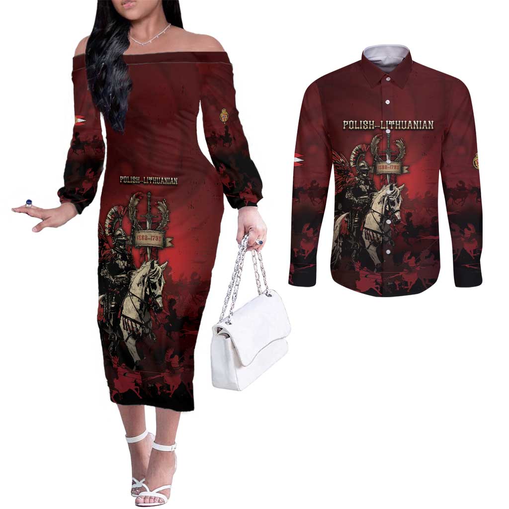Polish Lithuanian Commonwealth Couples Matching Off The Shoulder Long Sleeve Dress and Long Sleeve Button Shirt Winged Hussar Warrior Battle Of Vienna
