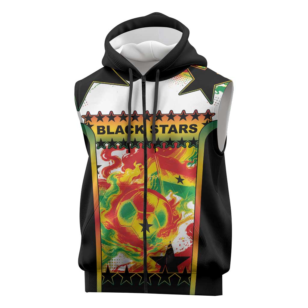 Custom Ghana Football Sleeveless Zip Hoodie African Pride Flag Colors Flame