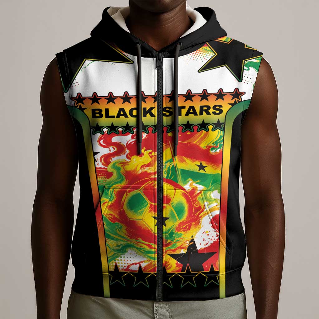 Custom Ghana Football Sleeveless Zip Hoodie African Pride Flag Colors Flame