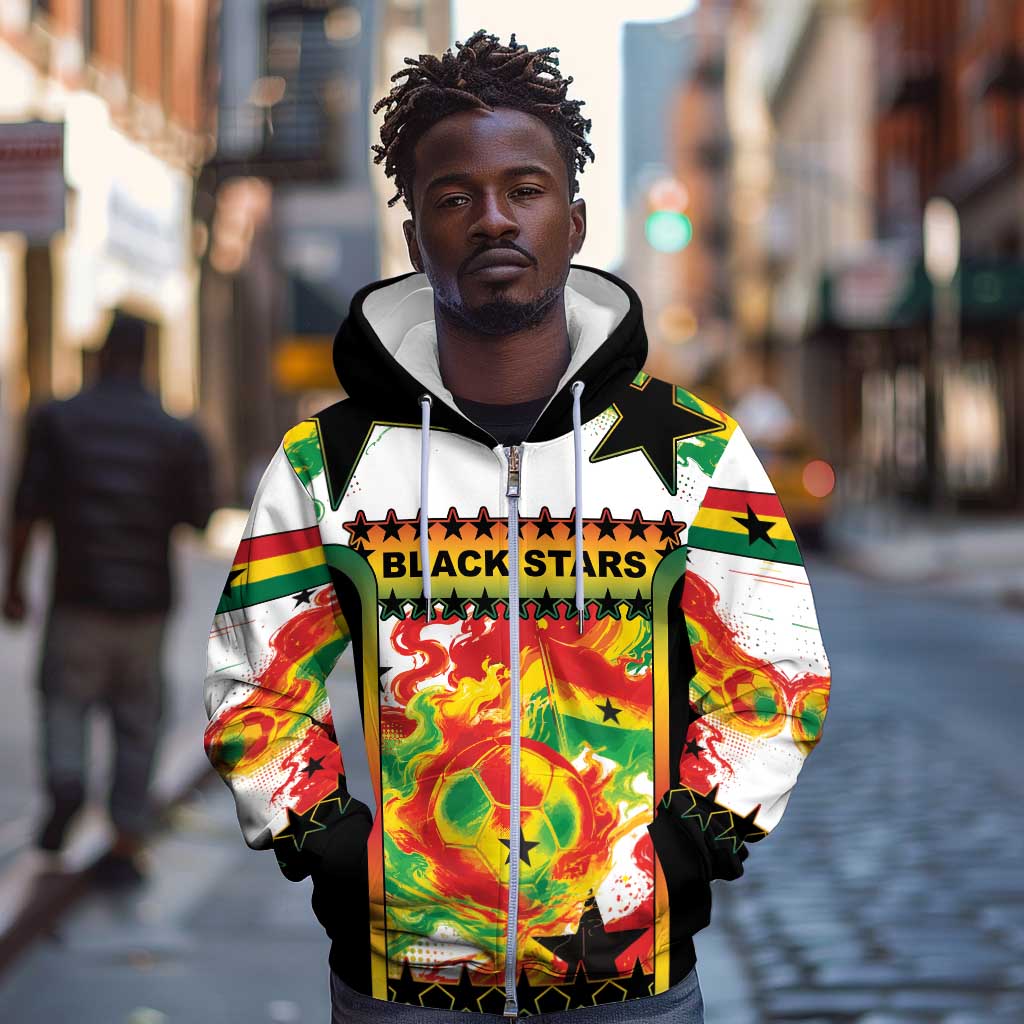 Custom Ghana Football Zip Hoodie African Pride Flag Colors Flame