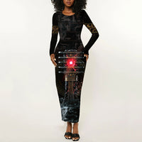 Egypt Djed Long Sleeve Bodycon Dress Glow Smoky Dark Style