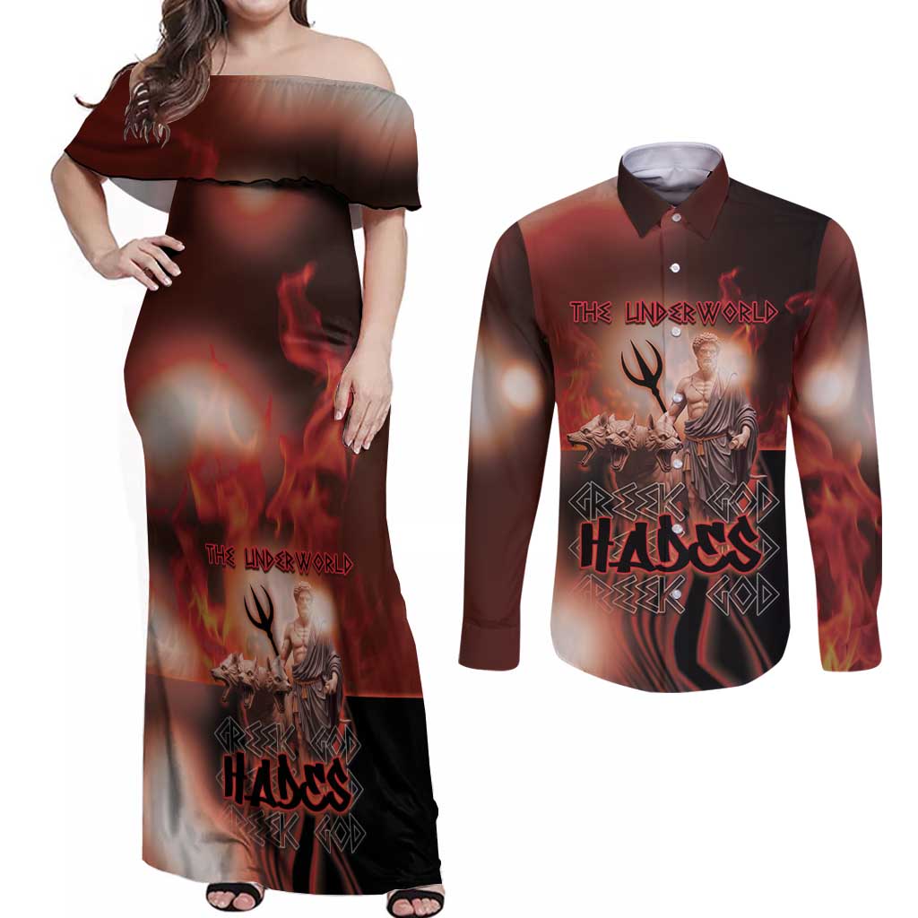 Ancient Greek Hades Couples Matching Off Shoulder Maxi Dress and Long Sleeve Button Shirt King Of The Underworld - Wonder Print Shop