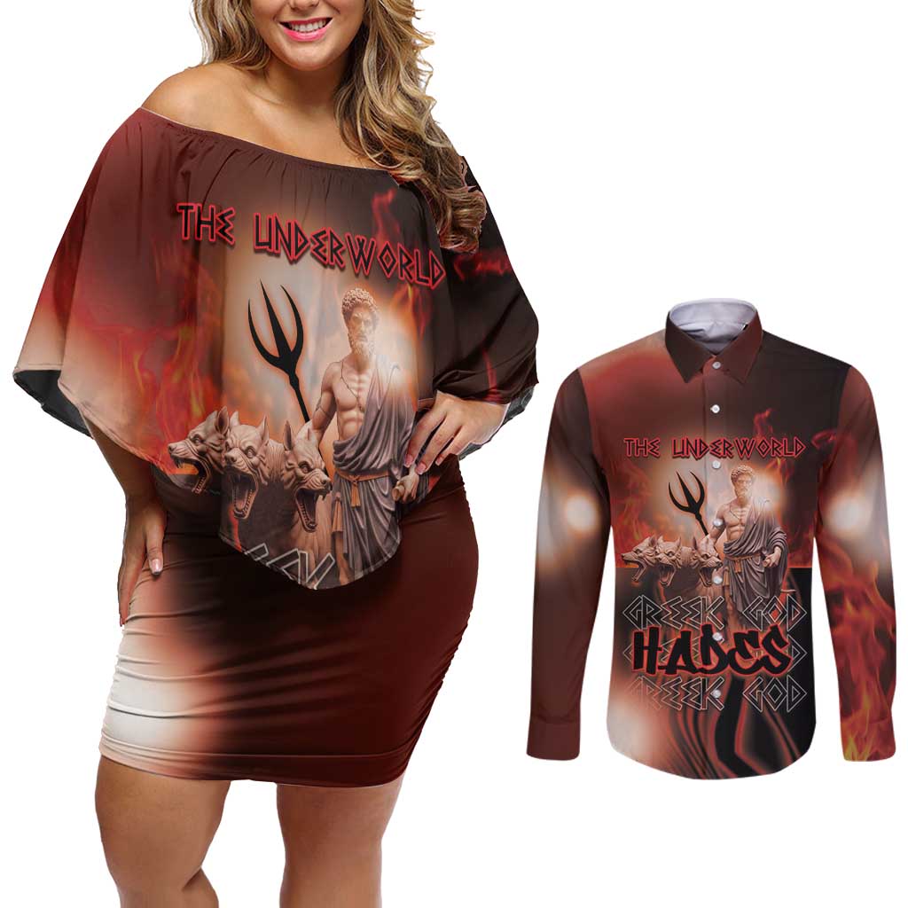 Ancient Greek Hades Couples Matching Off Shoulder Short Dress and Long Sleeve Button Shirt King Of The Underworld - Wonder Print Shop