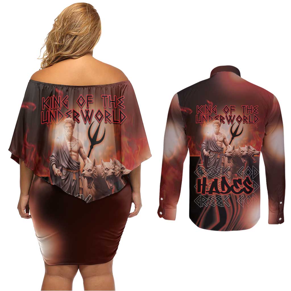 Ancient Greek Hades Couples Matching Off Shoulder Short Dress and Long Sleeve Button Shirt King Of The Underworld - Wonder Print Shop