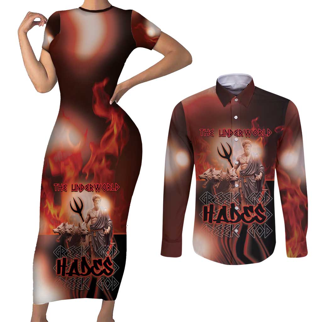 Ancient Greek Hades Couples Matching Short Sleeve Bodycon Dress and Long Sleeve Button Shirt King Of The Underworld - Wonder Print Shop