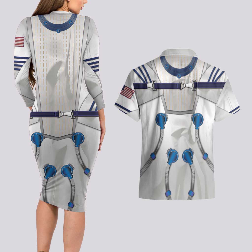 Personalized Astronaut Couples Matching Long Sleeve Bodycon Dress and Hawaiian Shirt Space Diving Suit - Wonder Print Shop
