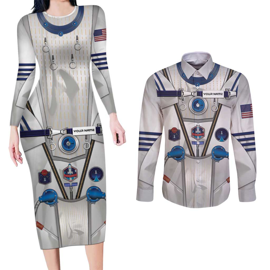 Personalized Astronaut Couples Matching Long Sleeve Bodycon Dress and Long Sleeve Button Shirt Space Diving Suit - Wonder Print Shop