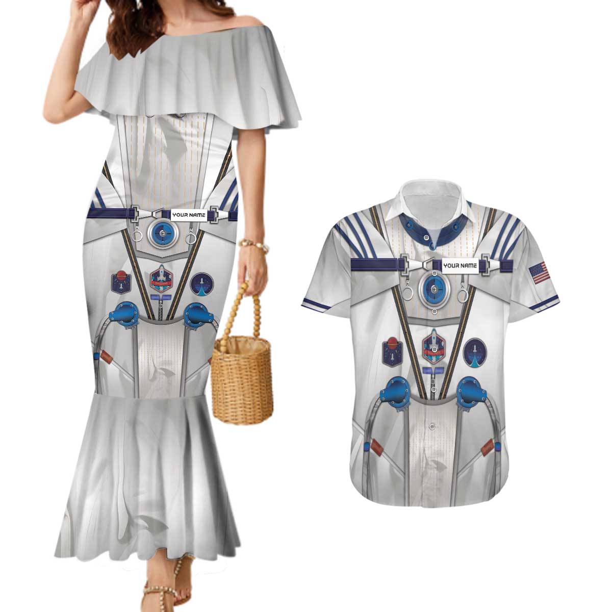 Personalized Astronaut Couples Matching Mermaid Dress and Hawaiian Shirt Space Diving Suit - Wonder Print Shop