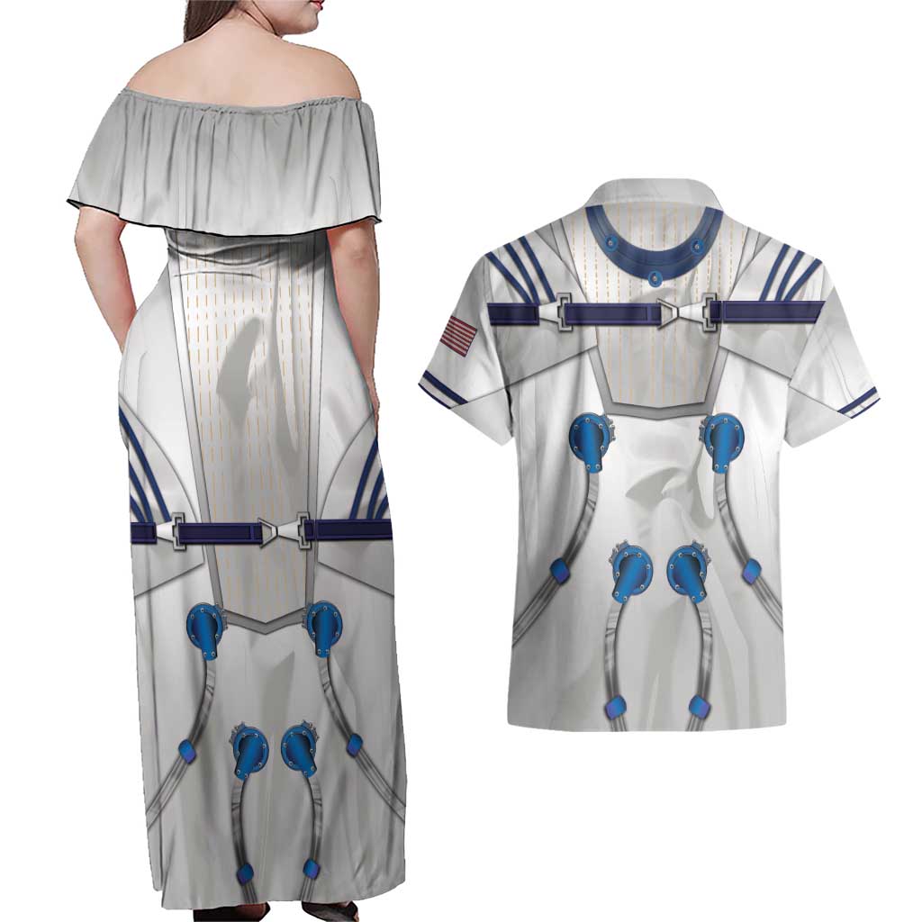 Personalized Astronaut Couples Matching Off Shoulder Maxi Dress and Hawaiian Shirt Space Diving Suit - Wonder Print Shop