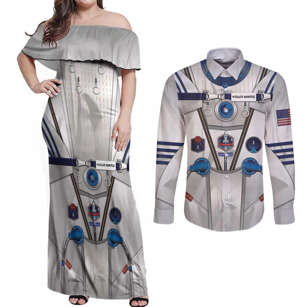 Personalized Astronaut Couples Matching Off Shoulder Maxi Dress and Long Sleeve Button Shirt Space Diving Suit - Wonder Print Shop