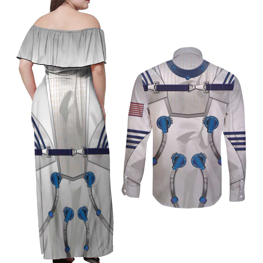 Personalized Astronaut Couples Matching Off Shoulder Maxi Dress and Long Sleeve Button Shirt Space Diving Suit - Wonder Print Shop