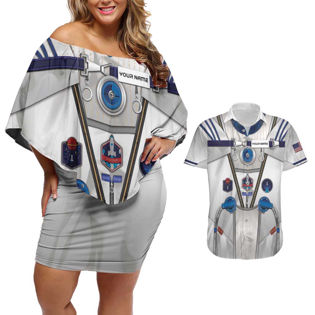 Personalized Astronaut Couples Matching Off Shoulder Short Dress and Hawaiian Shirt Space Diving Suit - Wonder Print Shop