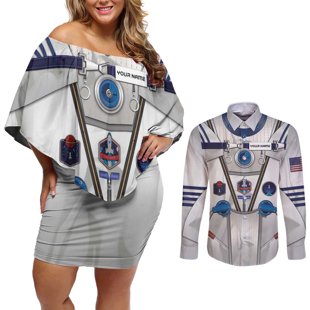 Personalized Astronaut Couples Matching Off Shoulder Short Dress and Long Sleeve Button Shirt Space Diving Suit - Wonder Print Shop
