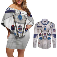 Personalized Astronaut Couples Matching Off Shoulder Short Dress and Long Sleeve Button Shirt Space Diving Suit - Wonder Print Shop