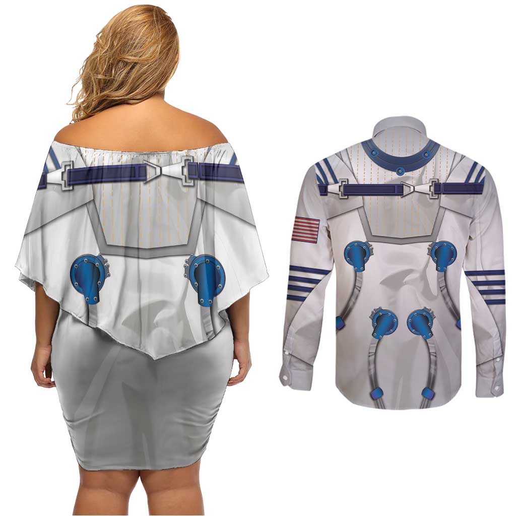 Personalized Astronaut Couples Matching Off Shoulder Short Dress and Long Sleeve Button Shirt Space Diving Suit - Wonder Print Shop