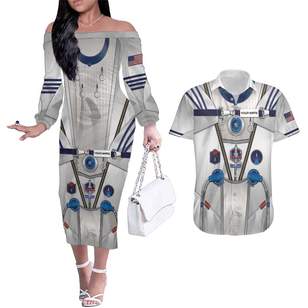 Personalized Astronaut Couples Matching Off The Shoulder Long Sleeve Dress and Hawaiian Shirt Space Diving Suit - Wonder Print Shop