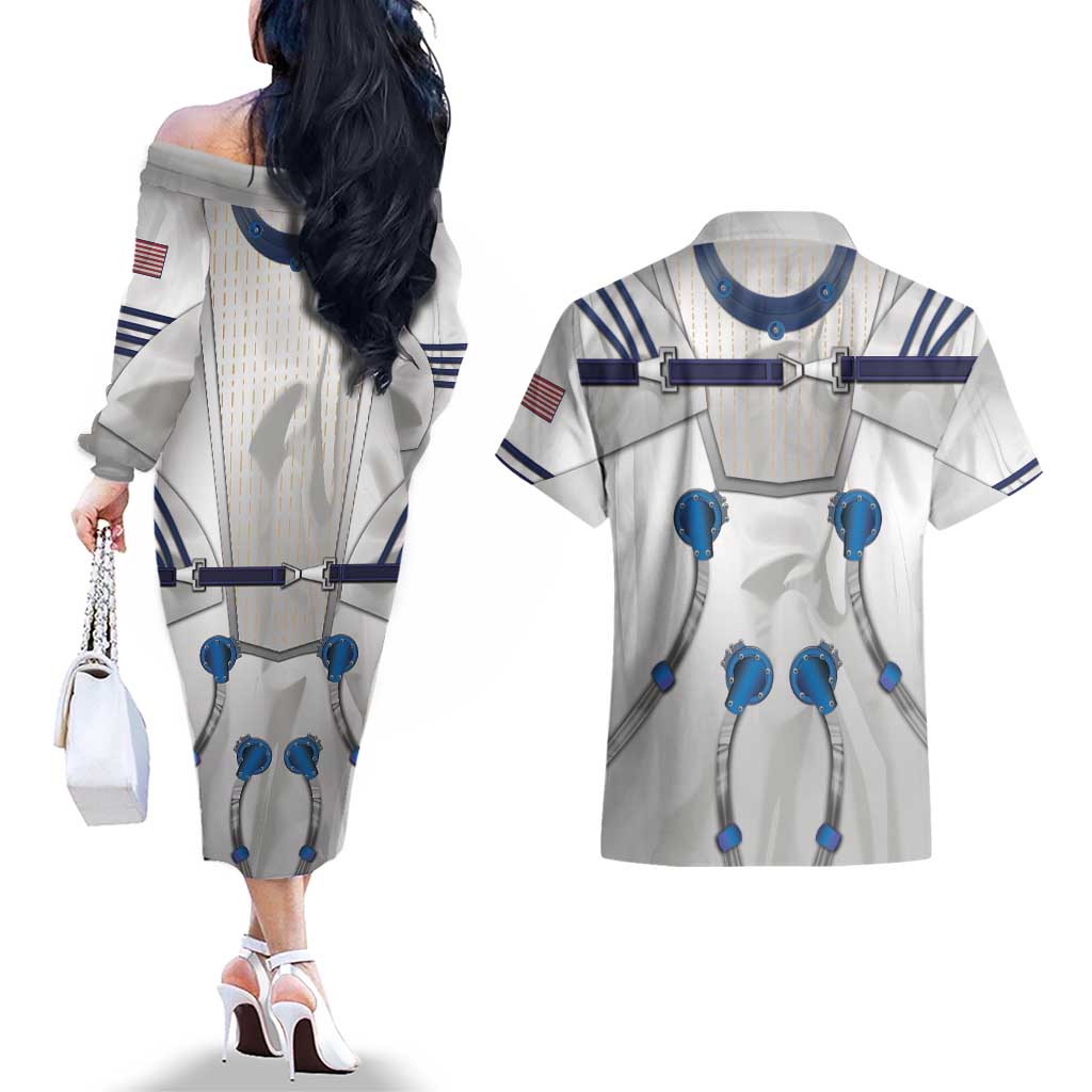 Personalized Astronaut Couples Matching Off The Shoulder Long Sleeve Dress and Hawaiian Shirt Space Diving Suit - Wonder Print Shop