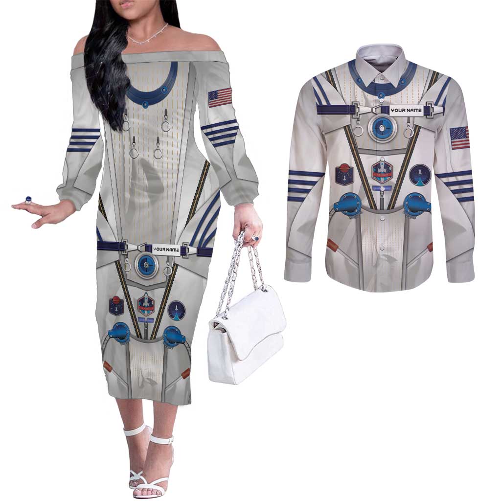 Personalized Astronaut Couples Matching Off The Shoulder Long Sleeve Dress and Long Sleeve Button Shirt Space Diving Suit - Wonder Print Shop