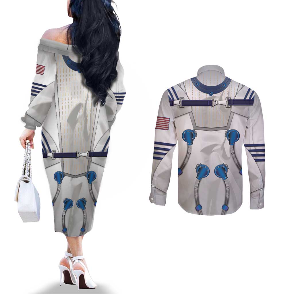 Personalized Astronaut Couples Matching Off The Shoulder Long Sleeve Dress and Long Sleeve Button Shirt Space Diving Suit - Wonder Print Shop