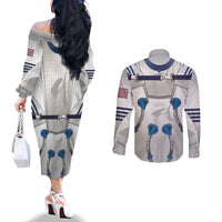 Personalized Astronaut Couples Matching Off The Shoulder Long Sleeve Dress and Long Sleeve Button Shirt Space Diving Suit - Wonder Print Shop