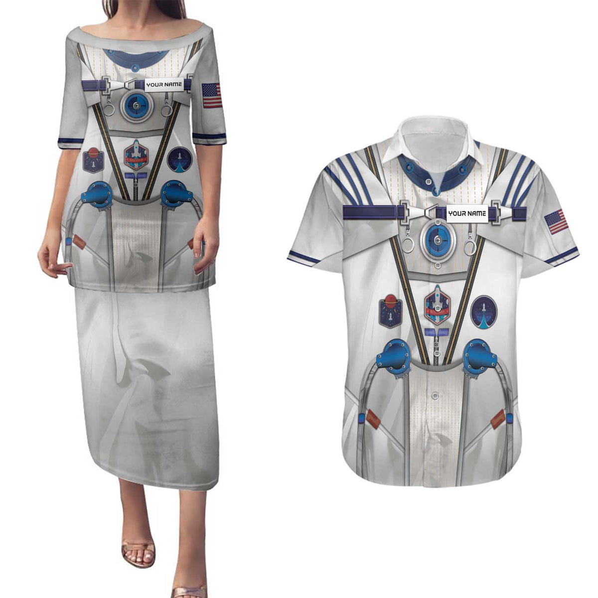 Personalized Astronaut Couples Matching Puletasi and Hawaiian Shirt Space Diving Suit - Wonder Print Shop