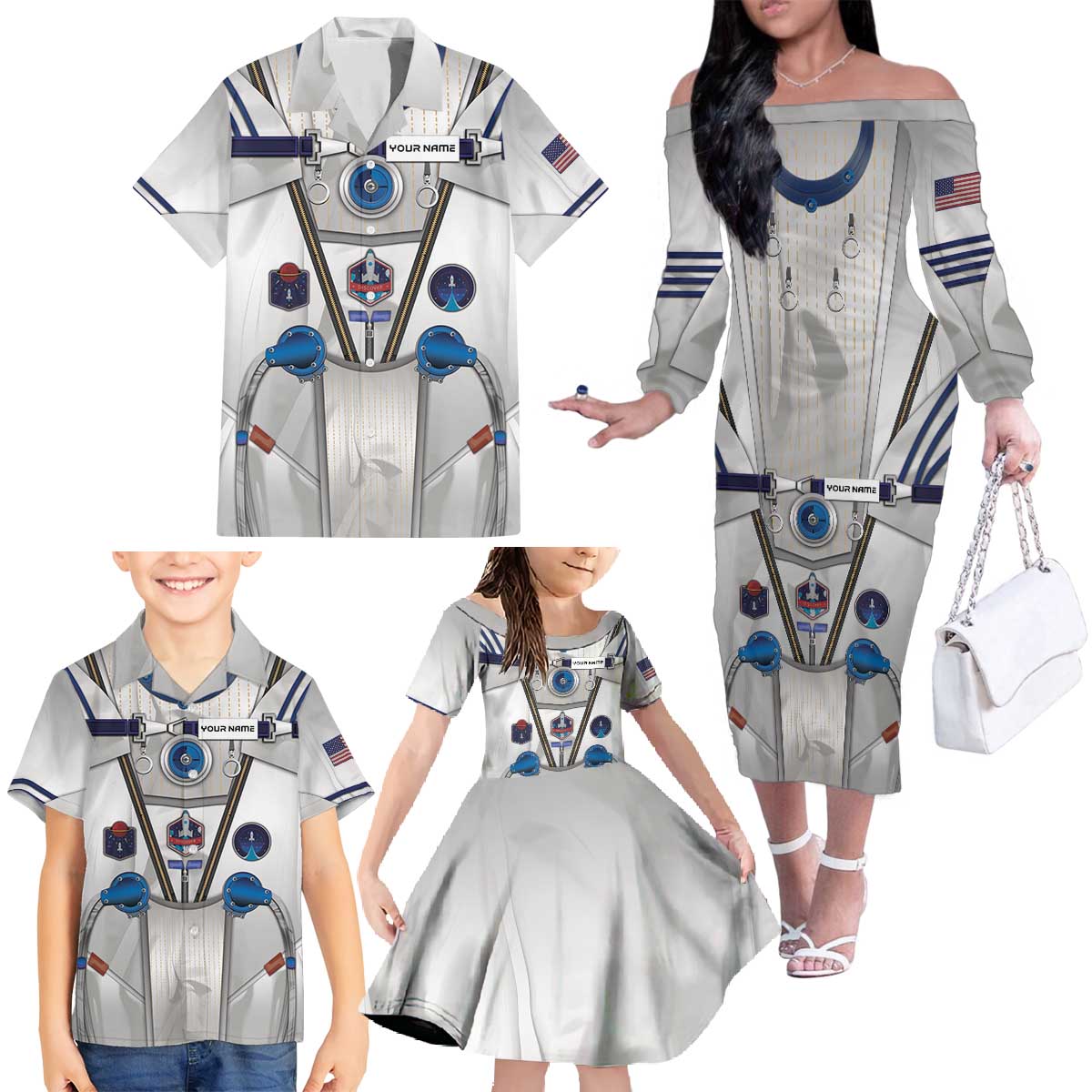 Personalized Astronaut Family Matching Off The Shoulder Long Sleeve Dress and Hawaiian Shirt Space Diving Suit - Wonder Print Shop