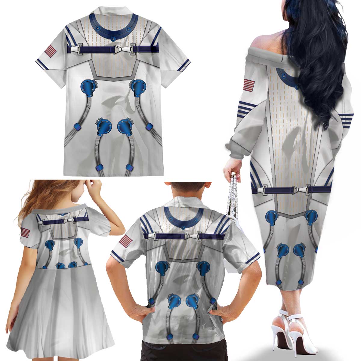 Personalized Astronaut Family Matching Off The Shoulder Long Sleeve Dress and Hawaiian Shirt Space Diving Suit - Wonder Print Shop