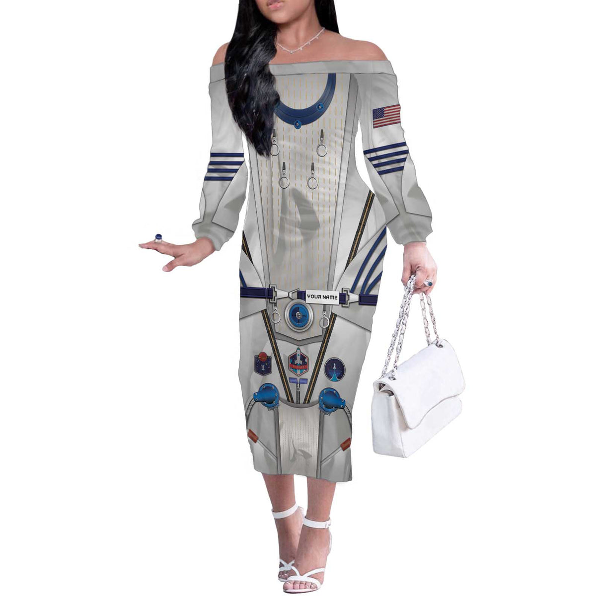Personalized Astronaut Off The Shoulder Long Sleeve Dress Space Diving Suit - Wonder Print Shop
