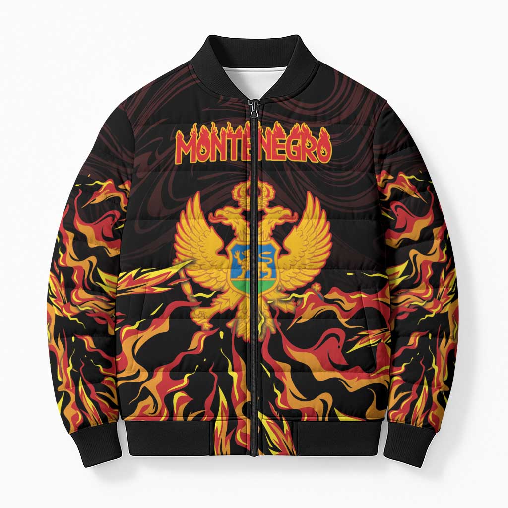 Personalized Montenegro Bomber Puffer Jacket Coat Of Arms Fire Style - Wonder Print Shop