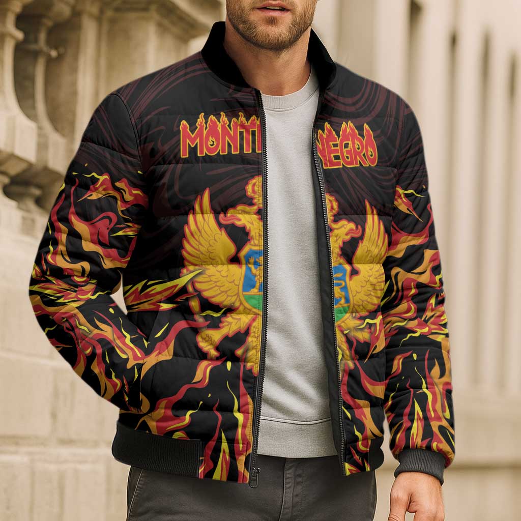 Personalized Montenegro Bomber Puffer Jacket Coat Of Arms Fire Style - Wonder Print Shop