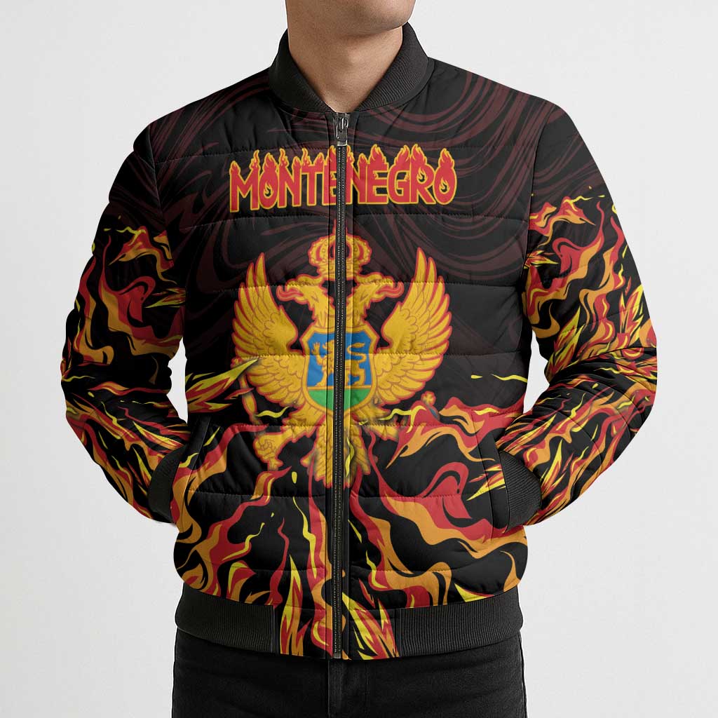 Personalized Montenegro Bomber Puffer Jacket Coat Of Arms Fire Style - Wonder Print Shop