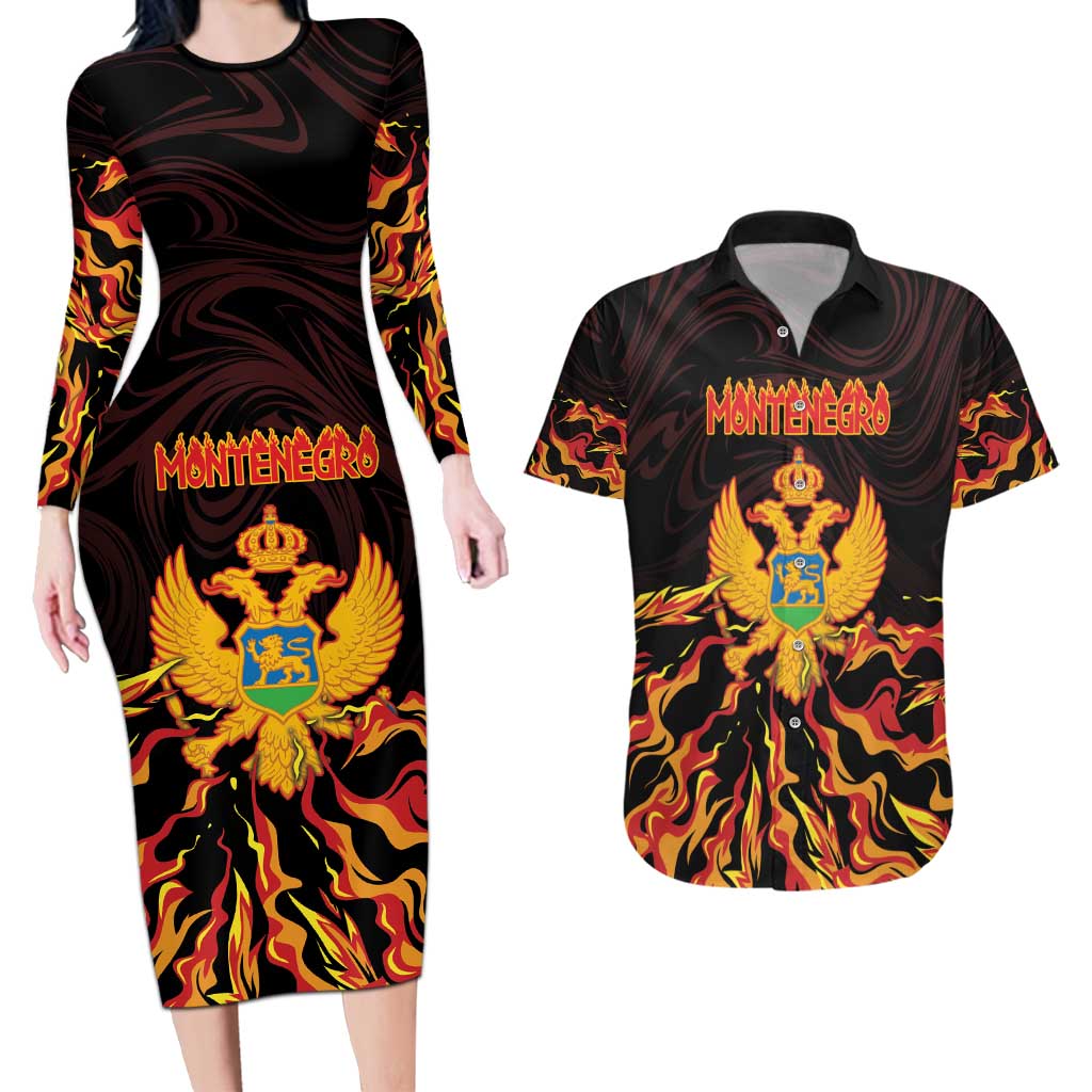 Personalized Montenegro Couples Matching Long Sleeve Bodycon Dress and Hawaiian Shirt Coat Of Arms Fire Style - Wonder Print Shop