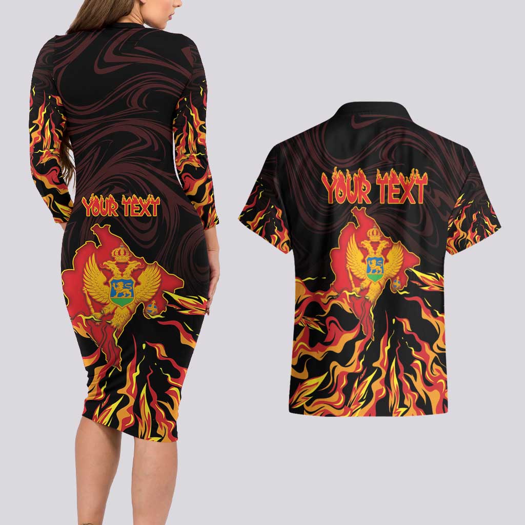 Personalized Montenegro Couples Matching Long Sleeve Bodycon Dress and Hawaiian Shirt Coat Of Arms Fire Style - Wonder Print Shop